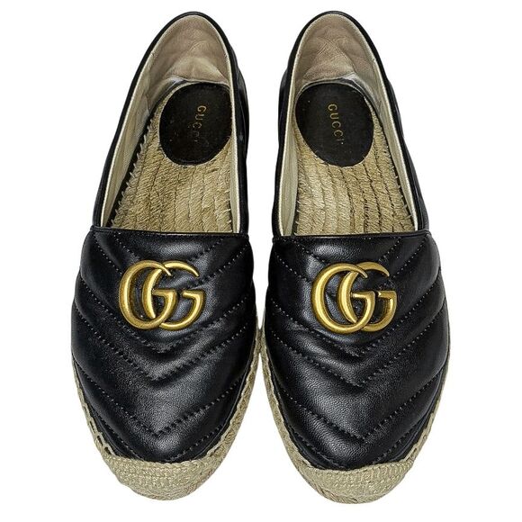 Gucci GG Marmont Quilted Nappa Leather Flats Charlotte Espadrilles 37.5 Black - Picture 2 of 10
